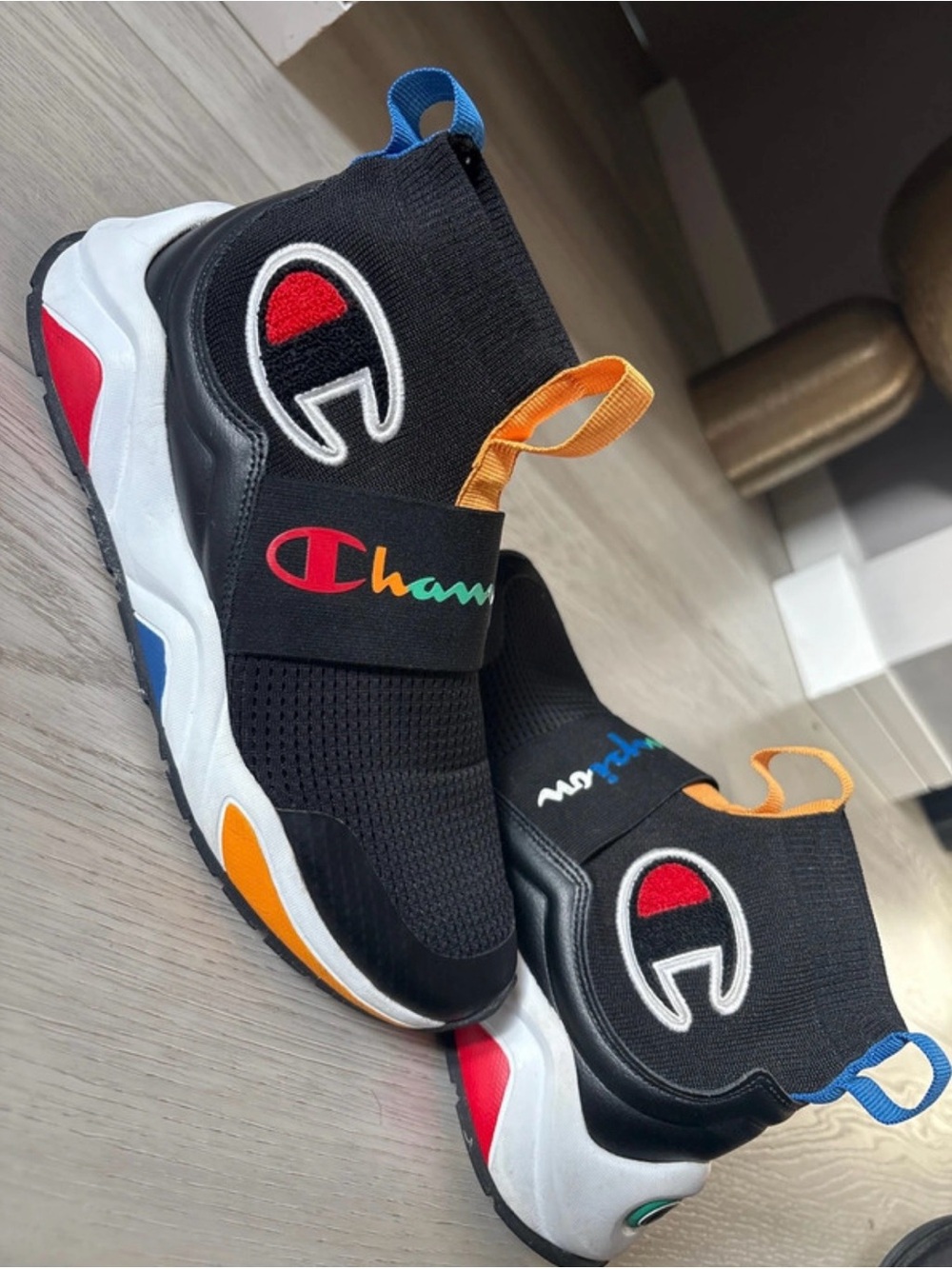 Champion Kids Black Slip-On Sneakers with Multicolor Logo Accents